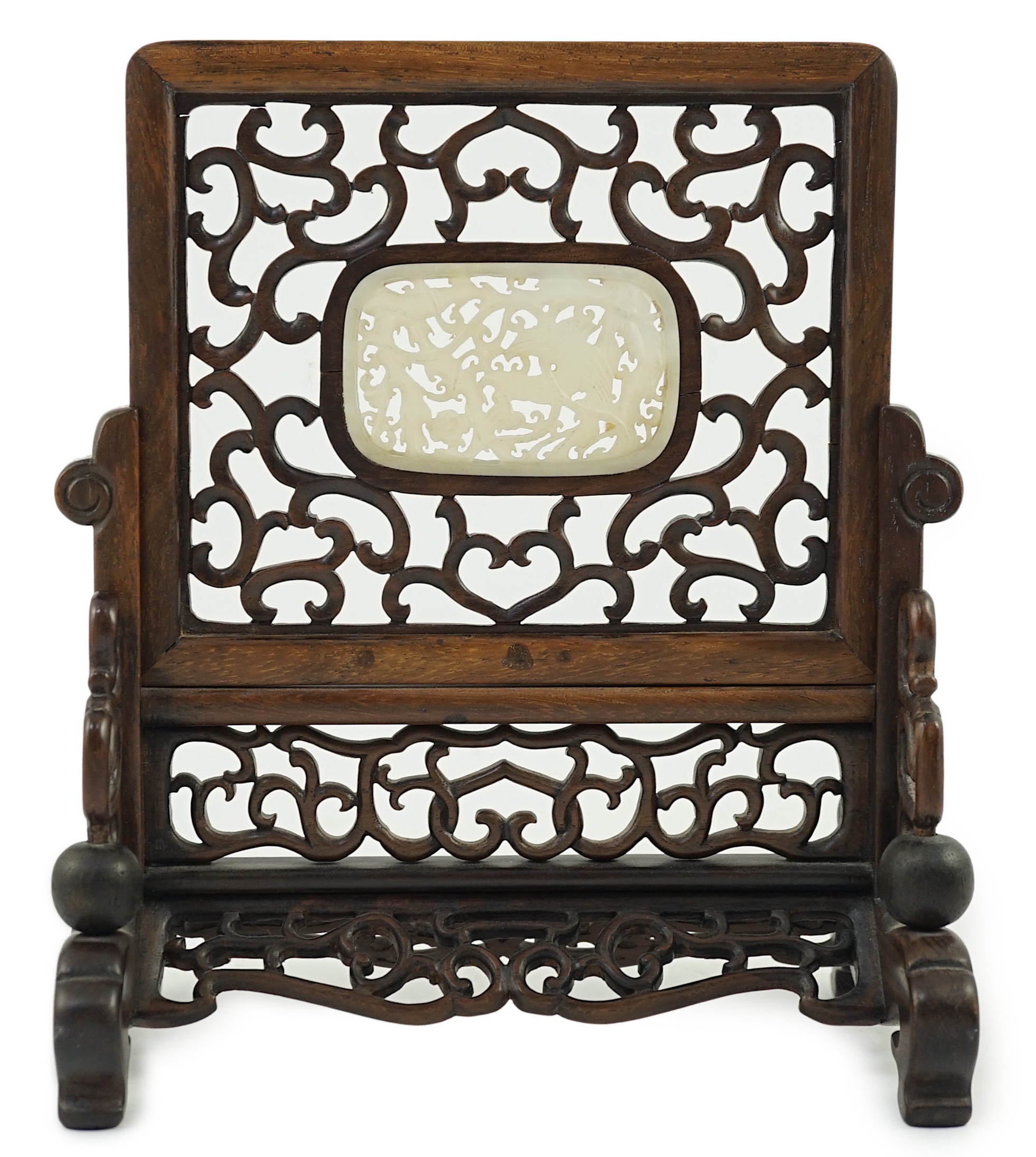 A small Chinese jade mounted hongmu tablescreen, late 19th/early 20th century, 22cm high, 19cm wide